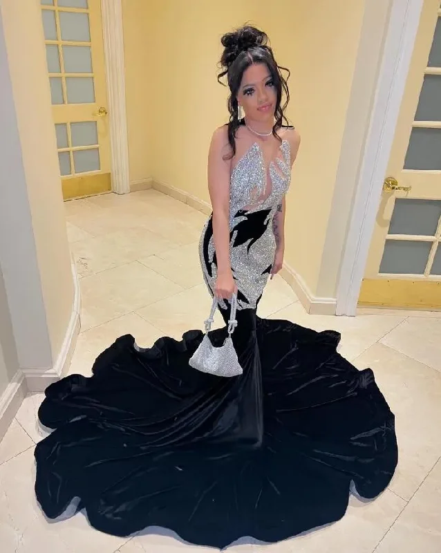 Sparkly Long Mermaid Prom Ceremony Dresses for Black Girl 2024 See Through Luxury Diamond Crystal Vevlet Evening Gala Gown Sparkly Long Mermaid Prom Ceremony Dresses for Black Girl 2024 See Through Luxury Diamond Crystal Vevlet Evening Gala Gown