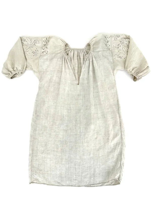 Linen Embroidered Puff Sleeve Dress