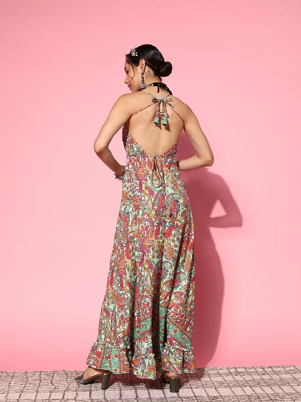 InWeave Women's Green Paisley Print Back Detail Long Dress