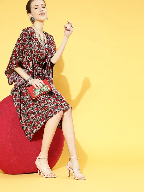InWeave Women's Maroon Floral Jaal Print Kaftan Dress