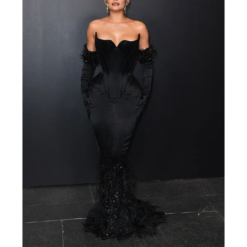 Black Tassel Feathers Evening Dresses Classic Strapless Sweetheart Sequined Mermaid Gowns Fashion Elegant Party Prom Dresses Black Tassel Feathers Evening Dresses Classic Strapless Sweetheart Sequined Mermaid Gowns Fashion Elegant Party Prom Dresses