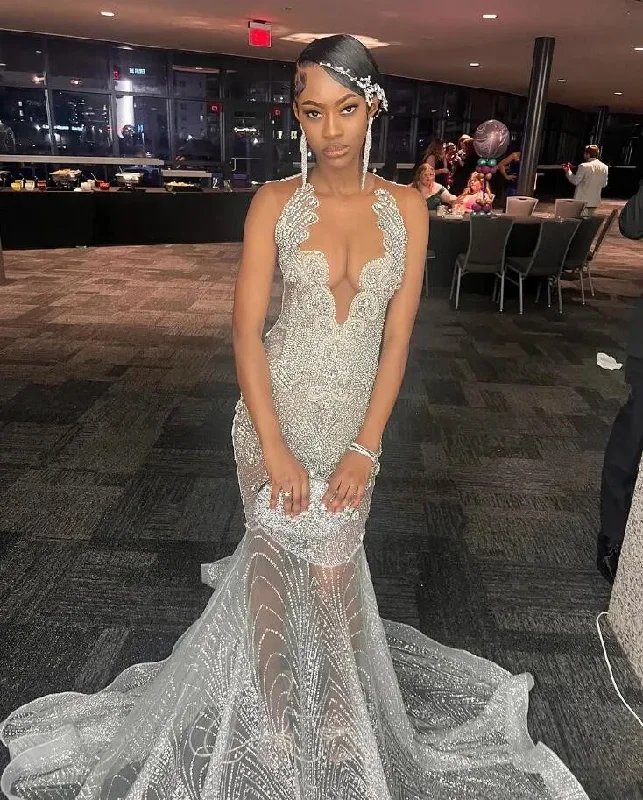 Silver Diamond Sparkly Evening Formal Dresses for Black Girl Luxury Gillter Diamond See Through Prom Gala Birthday Dress Silver Diamond Sparkly Evening Formal Dresses for Black Girl Luxury Gillter Diamond See Through Prom Gala Birthday Dress