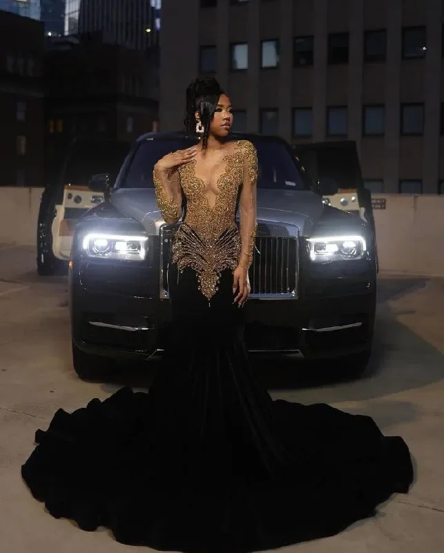 Black Velvet Long Sleeve Trumpet Prom Dress for Women Gold Crystal Beaded Sheer Mesh Birthday Gown vestidos de gala Black Velvet Long Sleeve Trumpet Prom Dress for Women Gold Crystal Beaded Sheer Mesh Birthday Gown vestidos de gala