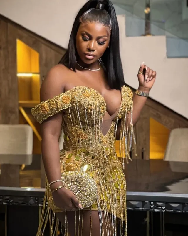 Off The Shoulder Prom Dresses Tassel Beading Vestidos De Gala Plus Size Party Gowns African Women Cocktail Dress Off The Shoulder Prom Dresses Tassel Beading Vestidos De Gala Plus Size Party Gowns African Women Cocktail Dress