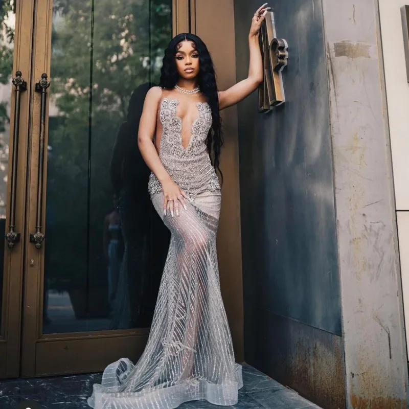 Sexy See Through Prom Dresses For Black Girls 2024 Diamond Mermaid Party Gowns Sequin Evening Birthday Dress Women Sexy See Through Prom Dresses For Black Girls 2024 Diamond Mermaid Party Gowns Sequin Evening Birthday Dress Women