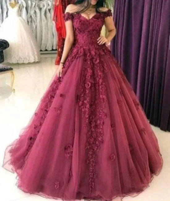 Burgundy off shoulder tulle lace applique long prom dresses C428