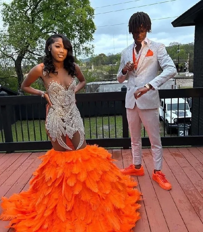 Elegant Orange Feathers Mermaid Prom Dresses For Black Girls For African Women Sheer Neck Plus Size Formal Evening Occasion Elegant Orange Feathers Mermaid Prom Dresses For Black Girls For African Women Sheer Neck Plus Size Formal Evening Occasion