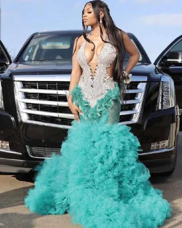 Turquoise Mermaid Long Evening Dress for Women Silver Diamond Crystal Ruffles Skirt Black Girl Birthday Gown vestidos de gala Turquoise Mermaid Long Evening Dress for Women Silver Diamond Crystal Ruffles Skirt Black Girl Birthday Gown vestidos de gala