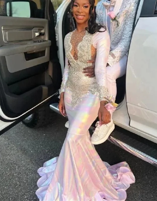 Colorful Mermaid Sliver Crystal Beading Prom Dresses 2024 Long Sleeve Luxury Designer Party Black Girls African Bespoke Gown Colorful Mermaid Sliver Crystal Beading Prom Dresses 2024 Long Sleeve Luxury Designer Party Black Girls African Bespoke Gown