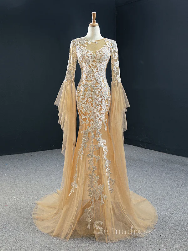 Feature Mermaid Scoop Long Sleeve Luxury Prom Dress Champagne Wedding Gowns DWH67058 Feature Mermaid Scoop Long Sleeve Luxury Prom Dress Champagne Wedding Gowns DWH67058