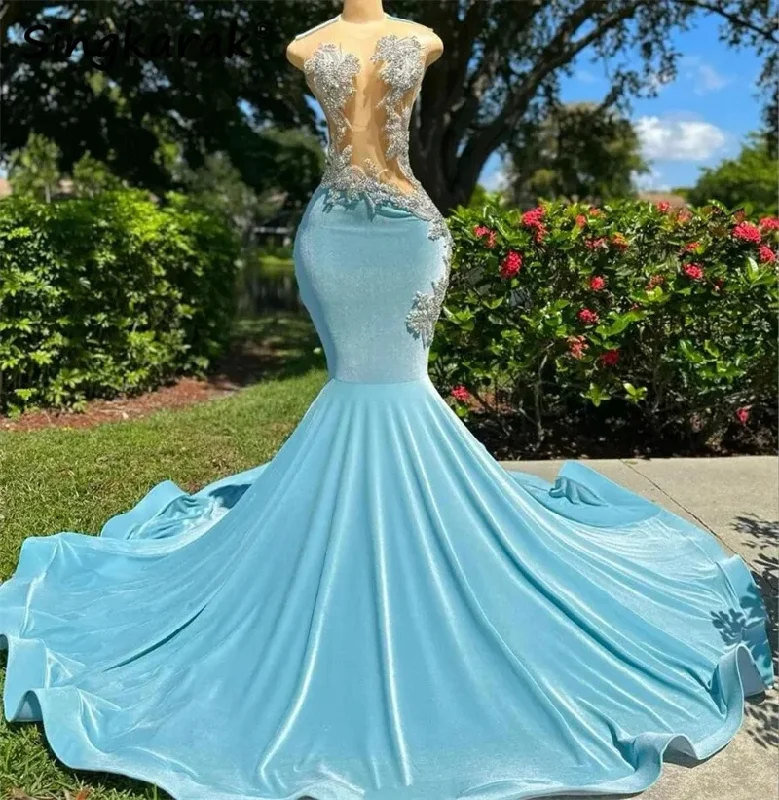 Sparkly Diamonds Blue Prom Dress For Black Girls Velvet Glitter Bead Crystals Rhinestone Luxury Birthday Party Gown Vestidos Sparkly Diamonds Blue Prom Dress For Black Girls Velvet Glitter Bead Crystals Rhinestone Luxury Birthday Party Gown Vestidos