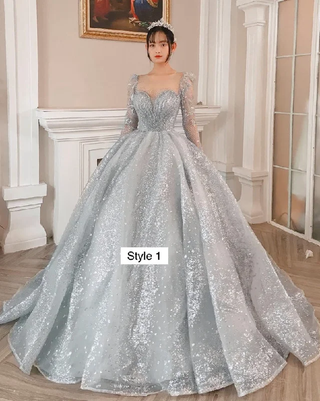 Modern sparkly grey/silver long or cap sleeves ball gown wedding/prom dress with glitter tulle C2157 Modern sparkly grey/silver long or cap sleeves ball gown wedding/prom dress with glitter tulle C2157