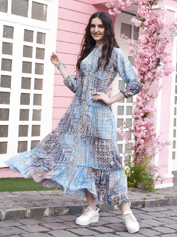 Light Blue Crepe Foil Printed Long Dress - Michan