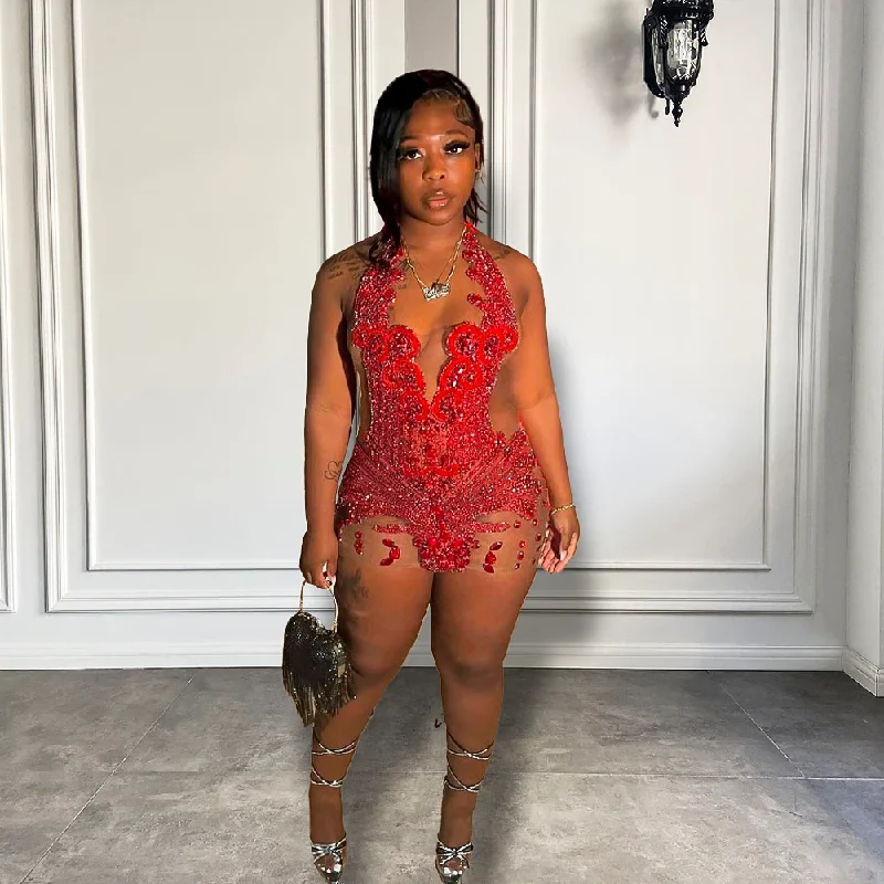 New Sexy See Through Mesh Black Girl Short Prom Dresses Luxury Sparkly Red Diamond Women Cocktail Birthday Party Gowns New Sexy See Through Mesh Black Girl Short Prom Dresses Luxury Sparkly Red Diamond Women Cocktail Birthday Party Gowns
