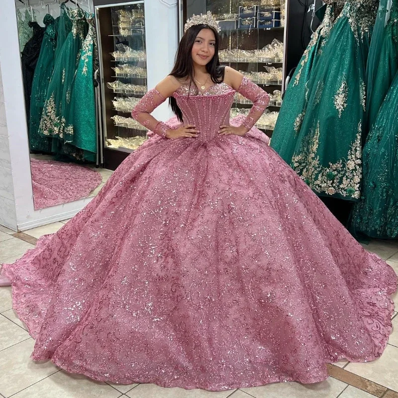 Pink Sparkly Off The Shoulder Quinceanera Dresses Ball Gown Lace Crystal Beading Tull Corset For Sweet 16 Girls vestidos de 15 Pink Sparkly Off The Shoulder Quinceanera Dresses Ball Gown Lace Crystal Beading Tull Corset For Sweet 16 Girls vestidos de 15