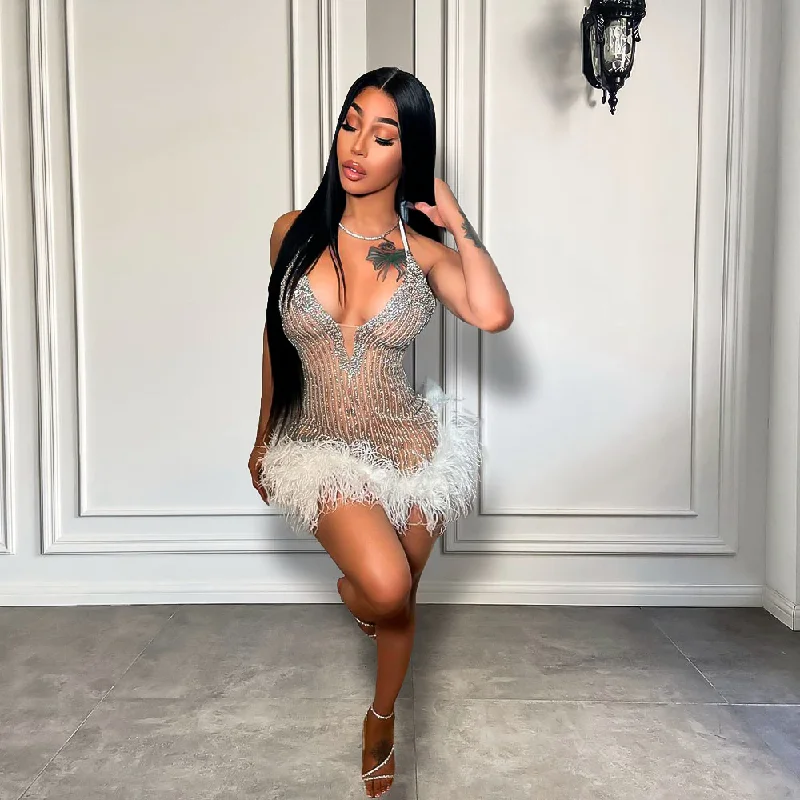 Sexy See Through Women Cocktail Birthday Party Formal Gowns Luxury Beaded White Feather Black Girls Short Prom Dresses Sexy See Through Women Cocktail Birthday Party Formal Gowns Luxury Beaded White Feather Black Girls Short Prom Dresses