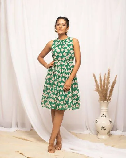 FIORRA Women's Green Georgette Floral Printed Western Dress