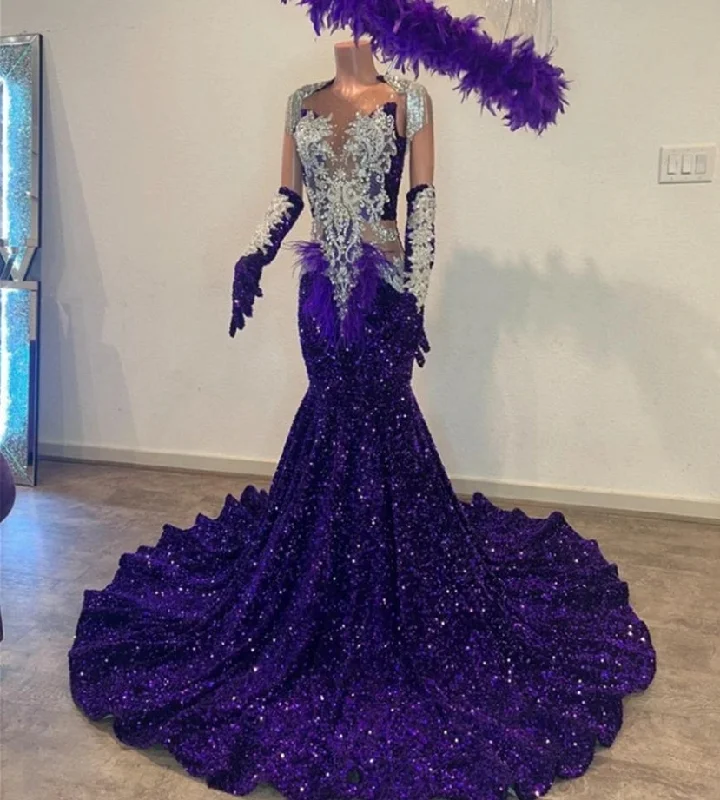 Enigmatic Purple Velvet Sequin Mermaid Long Prom Dress Silver Tassels Crystal Christmas Dress Black Girls Wedding Party Gown Enigmatic Purple Velvet Sequin Mermaid Long Prom Dress Silver Tassels Crystal Christmas Dress Black Girls Wedding Party Gown