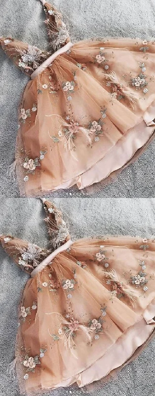 Champagne v neck tulle lace short prom dress, homecoming dress C892
