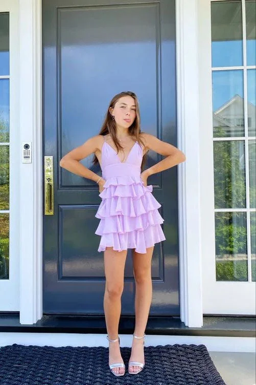 A-line V Neck Light Lavender Short Homecoming Dress Layered Cute Graduation Dress DM1850 A-line V Neck Light Lavender Short Homecoming Dress Layered Cute Graduation Dress DM1850
