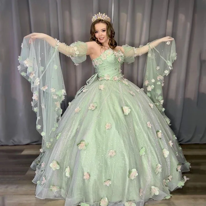 Sage Green Off-Shoulder Ball Gown Princess Quinceanera Dress Bead Appliques 3DFlower Glitter Tulle Vestidos De Birthday Party Sage Green Off-Shoulder Ball Gown Princess Quinceanera Dress Bead Appliques 3DFlower Glitter Tulle Vestidos De Birthday Party