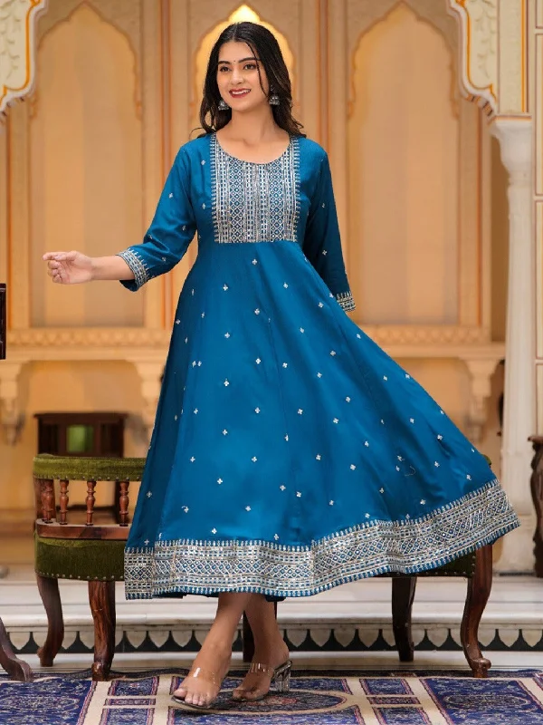 NOZ2TOZ Women Ethnic Motif Embroidered Sequined Fit Flare Midi Ethnic Dress - Blue