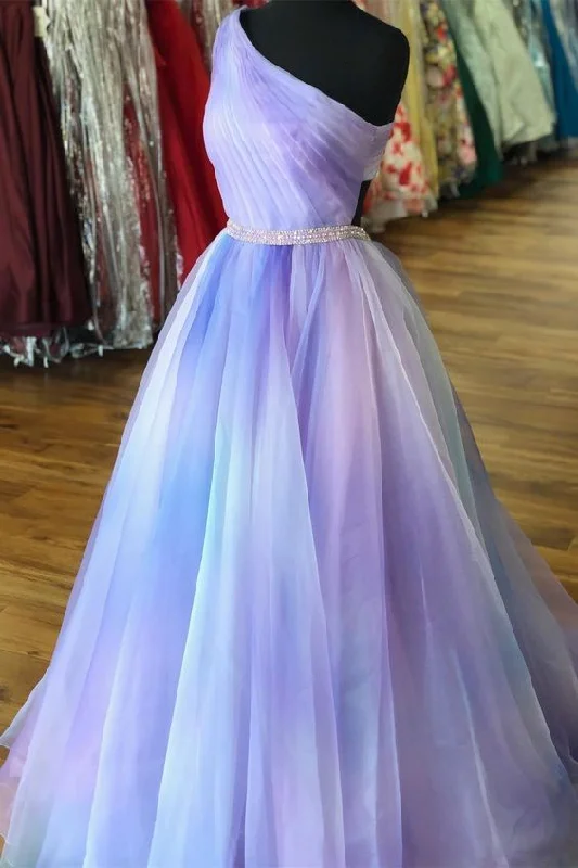 purple ombre one shoulder tulle long prom dress with beaded sash C395