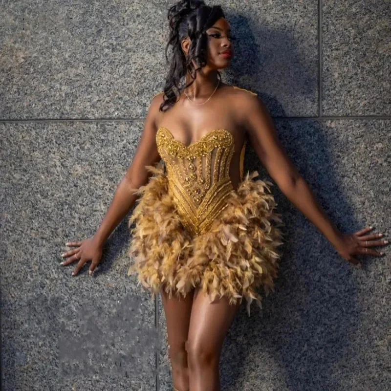 Luxury Feathers Birthday Dresses For Black Girl 2024 Beading Sequin Short Prom Party Gowns Sheer Neck Clubbing Dress Nightclub Luxury Feathers Birthday Dresses For Black Girl 2024 Beading Sequin Short Prom Party Gowns Sheer Neck Clubbing Dress Nightclub