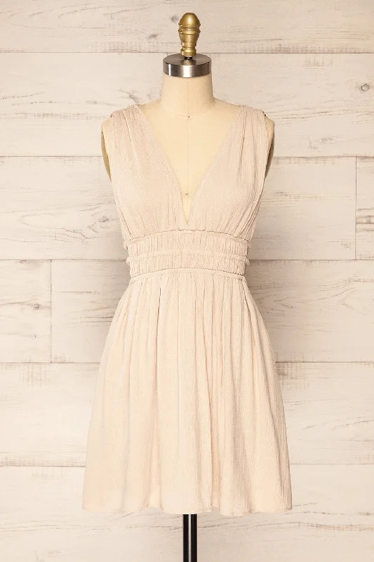 Forgia Taupe | Short Faux-Linen V-Neck Dress
