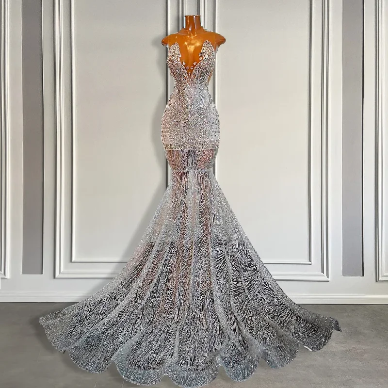 Sexy See Through Sequin Prom Dress for Black Girl Long Luxury Silver Crystal Mermaid Prom Graduation Party Gowns Sexy See Through Sequin Prom Dress for Black Girl Long Luxury Silver Crystal Mermaid Prom Graduation Party Gowns