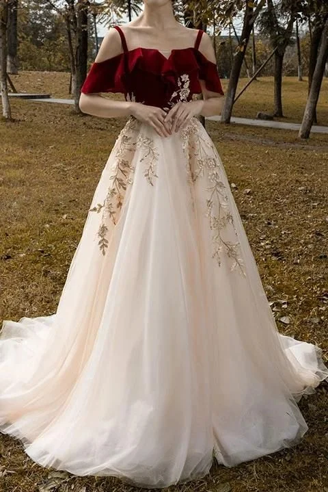Vintage Red Straps Tulle Formal Dress, Elegant Applique Prom Dress C1683