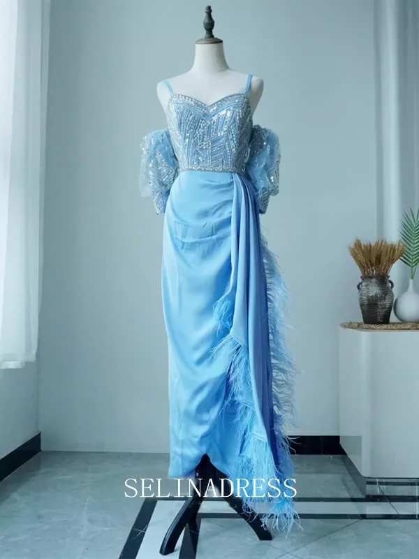 Sheath/Column Blue Beaded luxury Prom Dress With Detachable Sleeve Dubai Evening Formal Gown EWR103 Sheath/Column Blue Beaded luxury Prom Dress With Detachable Sleeve Dubai Evening Formal Gown EWR103