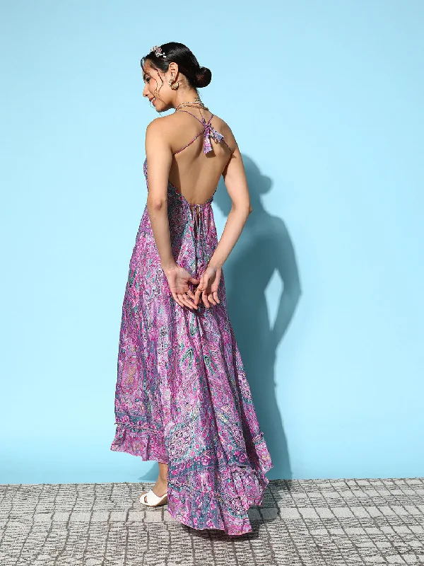 InWeave Women's Pink Paisley Print Back Detail Long Dress