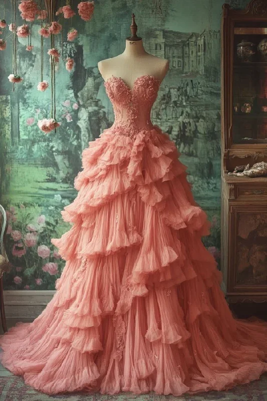 Vintage Pink Sweetheart Neck Tulle Ruffles Long Ball Gown Sweet Beaded Appliques Prom Dress cc2440 Vintage Pink Sweetheart Neck Tulle Ruffles Long Ball Gown Sweet Beaded Appliques Prom Dress cc2440