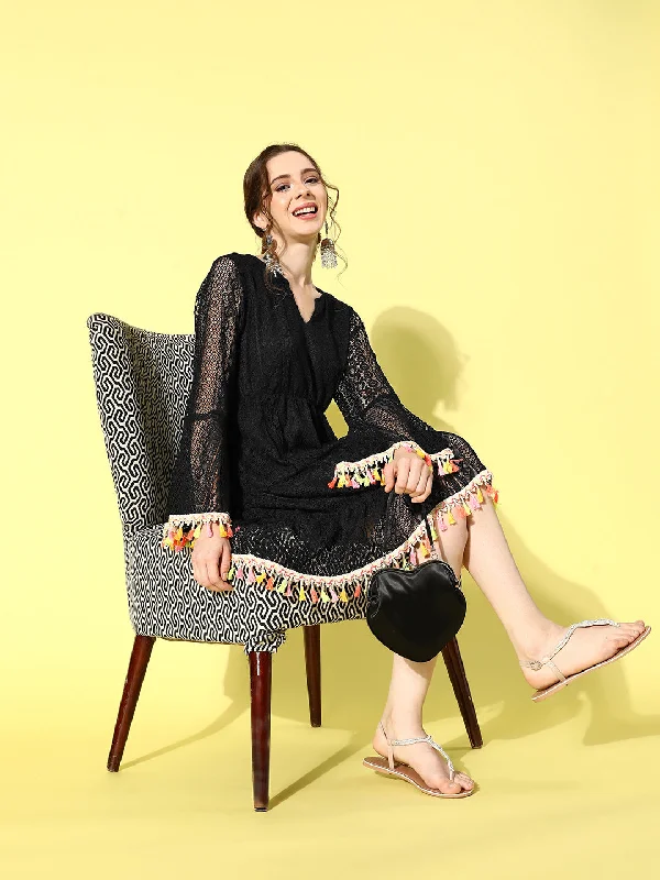 InWeave Women's Black Lacy Dress With Tassles