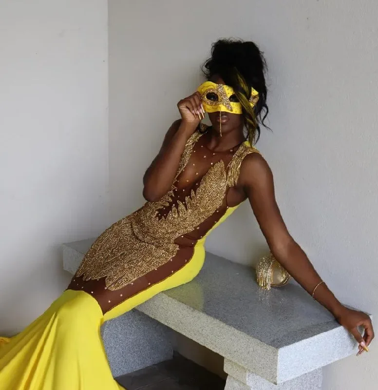 Yellow Sparkly Long Mermaid Evening Birthday Dresses for Black Girl Luxury Diamond Crystal Sheer Mesh Prom Gala Party Gown Yellow Sparkly Long Mermaid Evening Birthday Dresses for Black Girl Luxury Diamond Crystal Sheer Mesh Prom Gala Party Gown