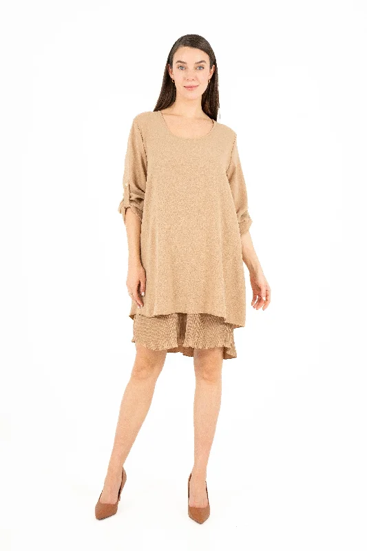 Scoop Neckline Woven Dress With Rollable Long Sleeves
