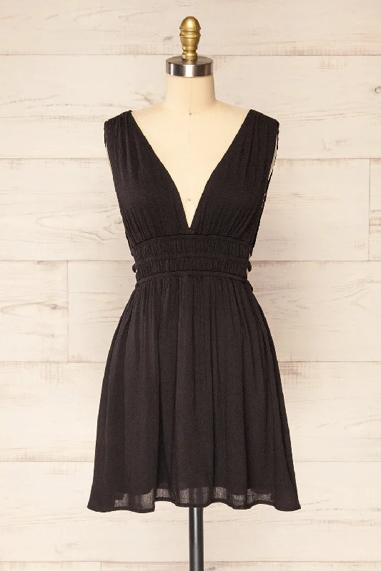 Forgia Black | Short Faux-Linen V-Neck Dress