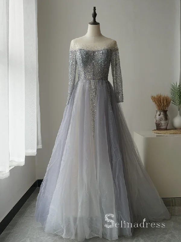 A-line Scoop Illusion Luxury Long Prom Dress Sparkly Beaded Evening Gowns ASB023
