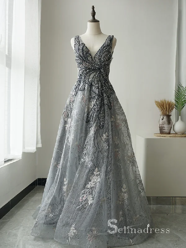 A-line V neck Sleeveless Gray Luxury Embroidery Long Prom Dress Elegant Evening Gowns ASB020 A-line V neck Sleeveless Gray Luxury Embroidery Long Prom Dress Elegant Evening Gowns ASB020