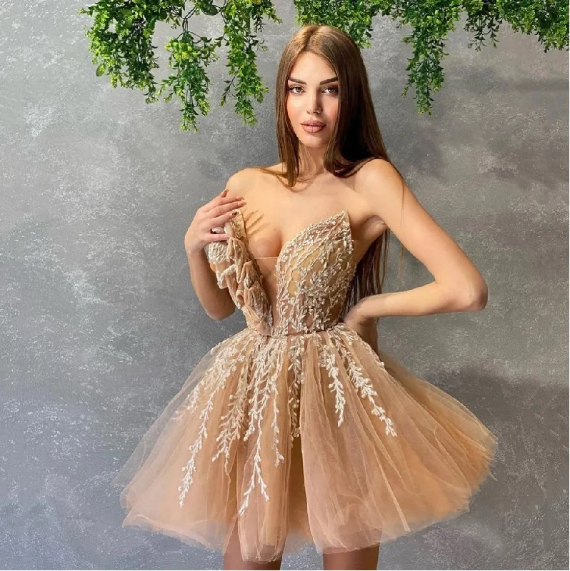 Tulle Sexy V Neck Lace Applique A Line Homecoming Dress cc151