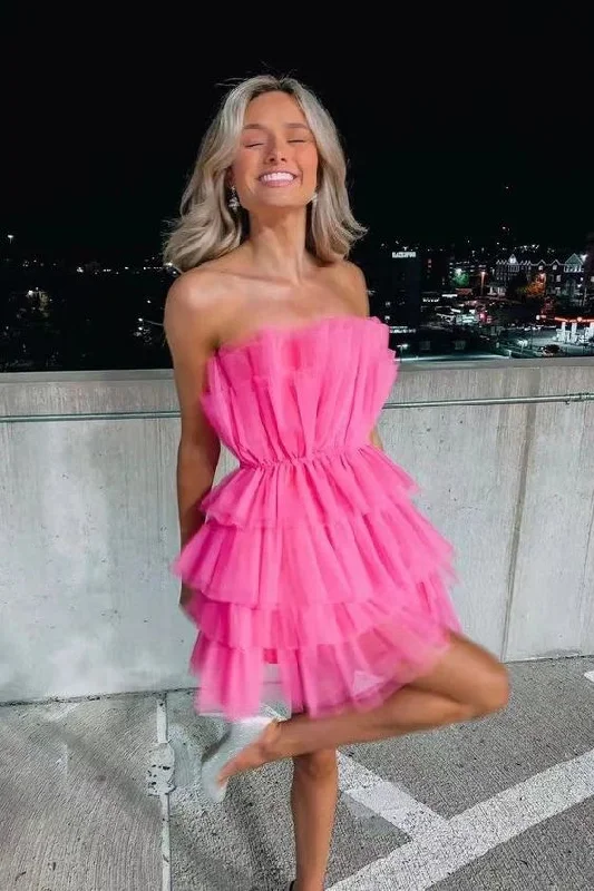 Hot Pink Strapless Tiered Short Homecoming Dress, Tulle Back to School Dress c2944