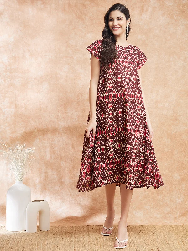 InWeave Women's Wine Ikkat Print A Line Dress
