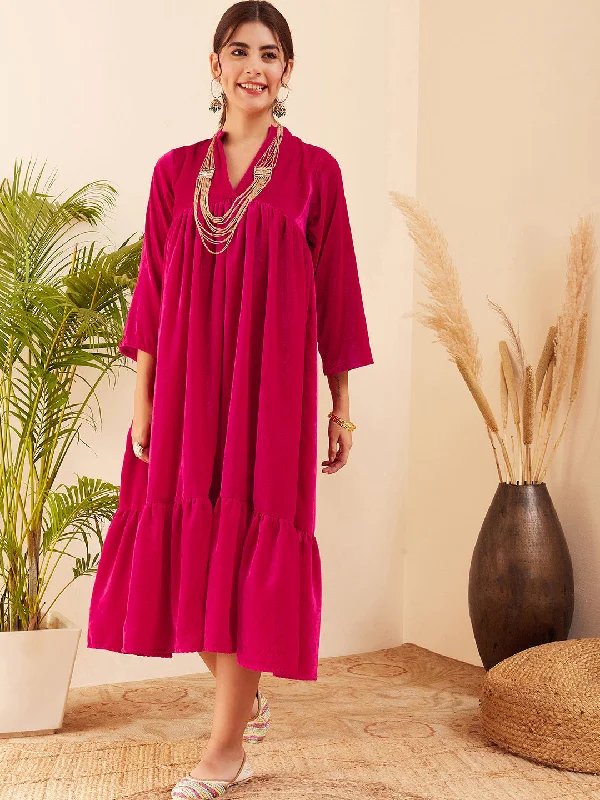 InWeave Women's Fuchsia Velvet Manderia V Neck Flared Dress