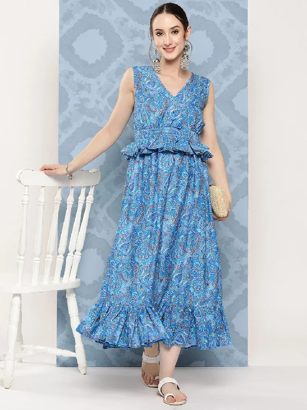 InWeave Women's Sapphire Blue Floral Paisley Print Long Frill Dress