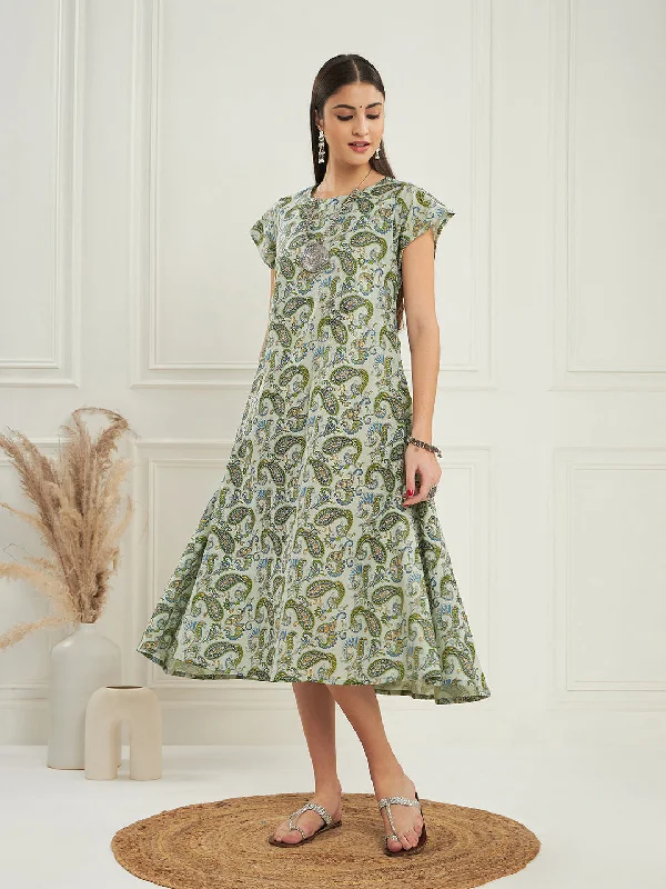 InWeave Women's Sage Green Paisley Print A Line Dress