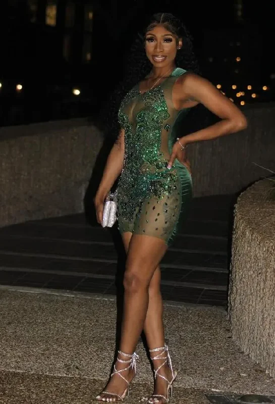Emerald Green Mini Evening Cocktail Dresses Sheer Mesh Black Girl Diamond Crystal Birthday Party Gown vestidos de 15años Emerald Green Mini Evening Cocktail Dresses Sheer Mesh Black Girl Diamond Crystal Birthday Party Gown vestidos de 15años