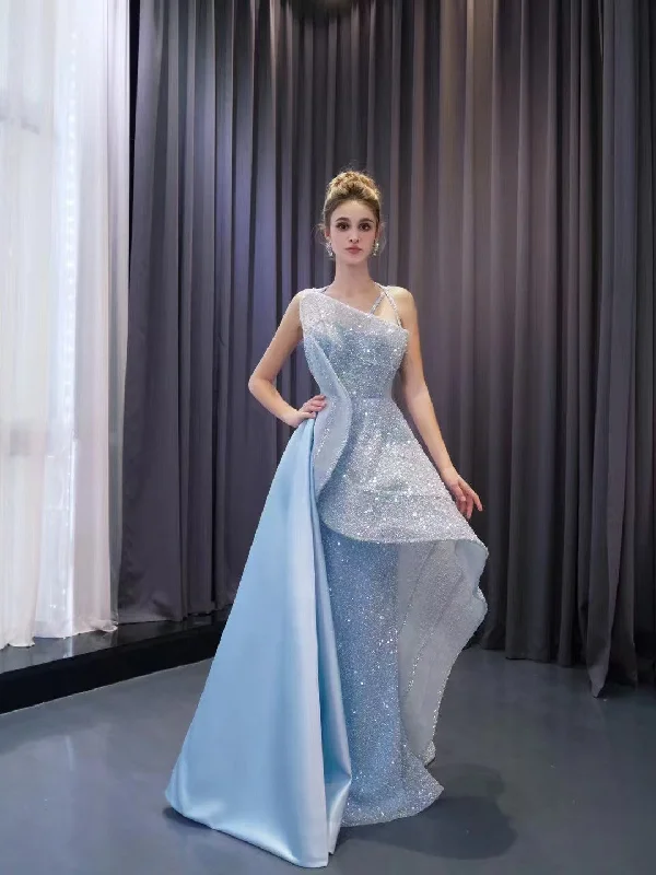 Luxury Light Sky Blue Straps Sequins Long Formal Dresses Evening Dress 222216