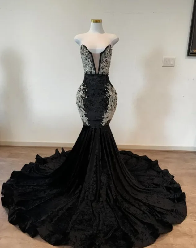 Saprkly Long Trumpet Evening Formal Dresses for Women Black Velvet Corset Crystal Applique Prom Birthday Reception Dress Saprkly Long Trumpet Evening Formal Dresses for Women Black Velvet Corset Crystal Applique Prom Birthday Reception Dress