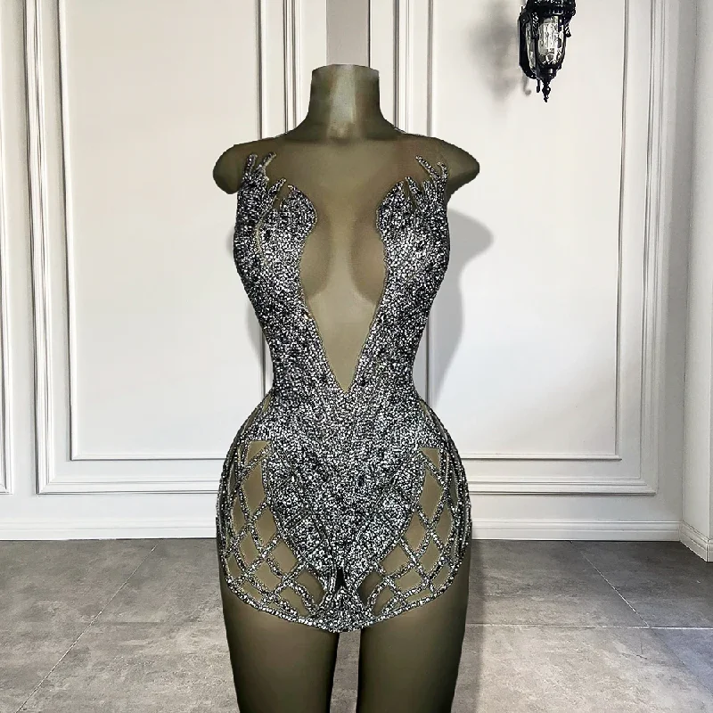 Luxury Sparkly Silver Diamond Women Formal Occasion Birthday Party Gowns Sexy See Through African Black Girls Short Prom Dresses Luxury Sparkly Silver Diamond Women Formal Occasion Birthday Party Gowns Sexy See Through African Black Girls Short Prom Dresses